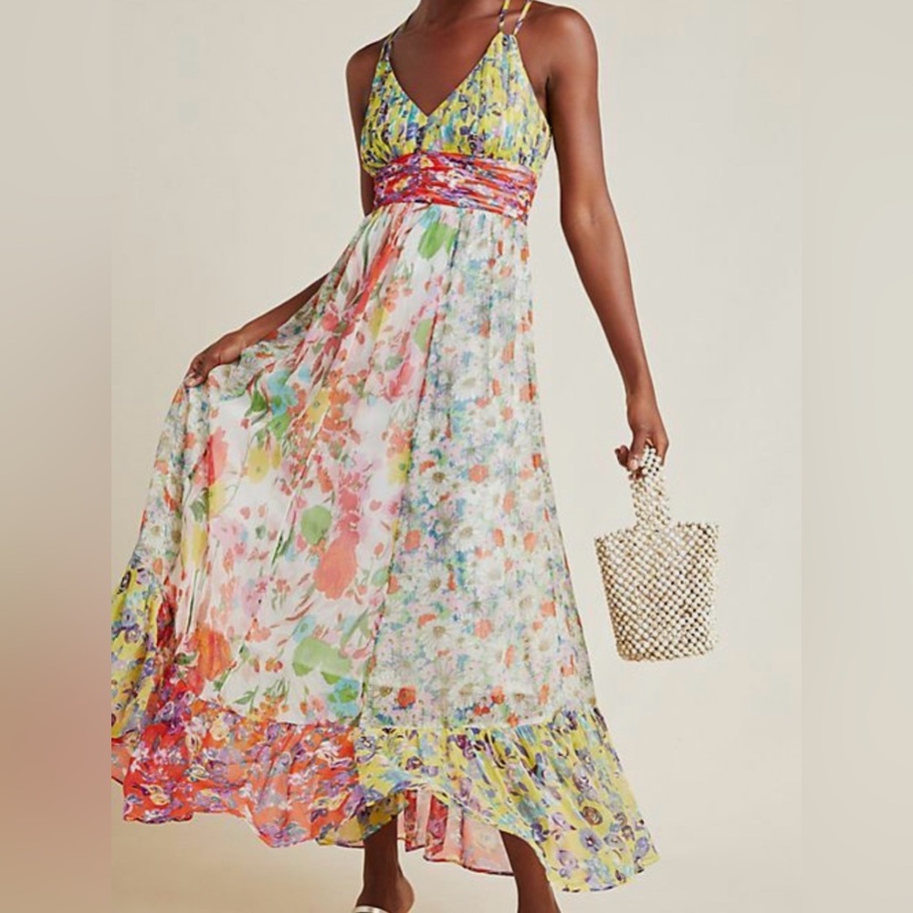 Anthropologie Floral Maxi Dress in Yellow, Pink, Green